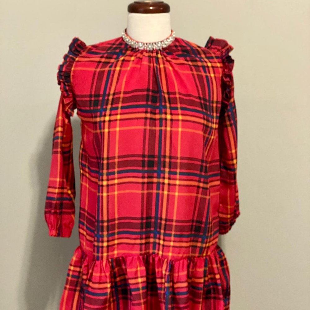 Women Plaid Red Embellished Ruffle Dress